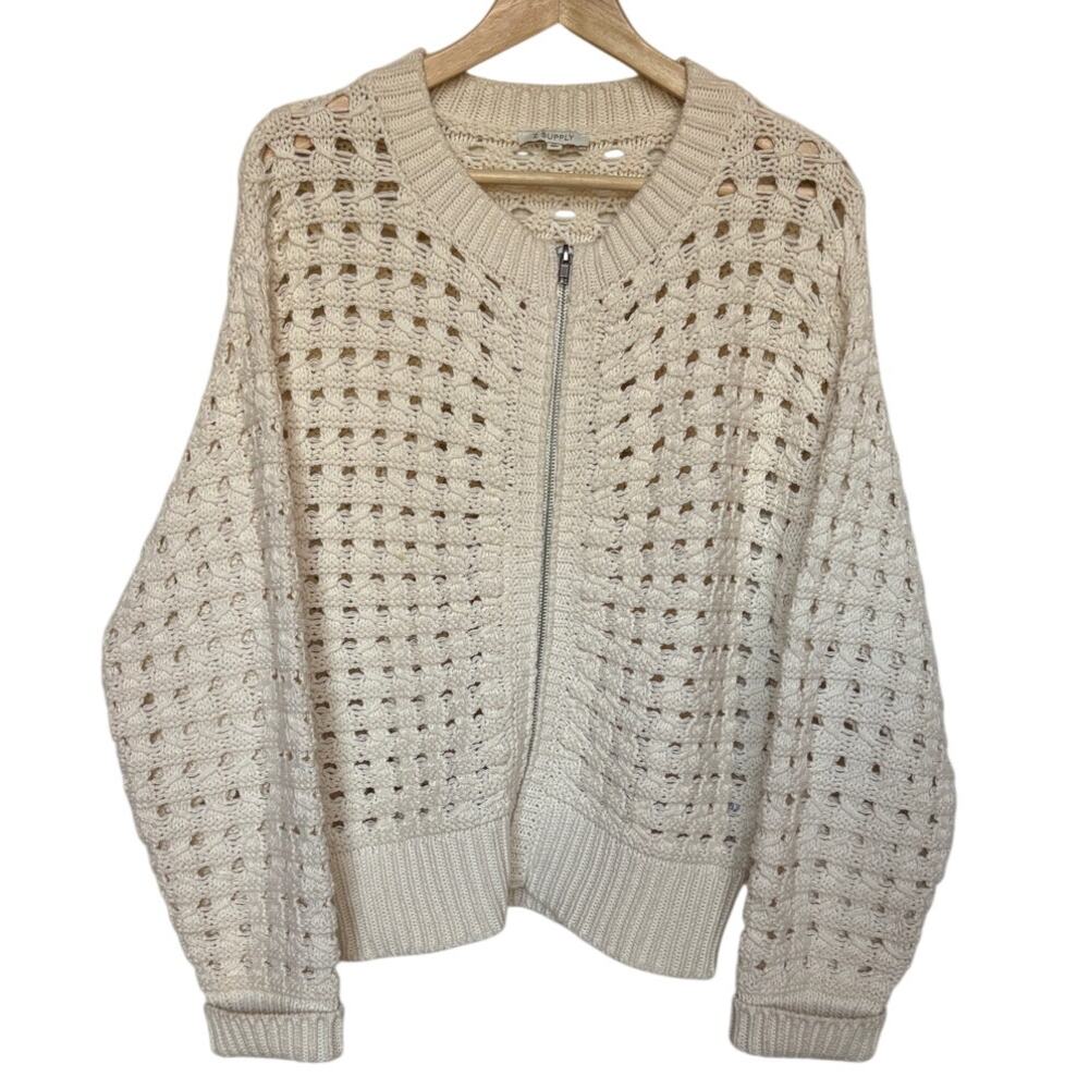 Z Supply Liam Chunky Knit Open Stitch Sweater Jacket Zip Cardigan Cream size M